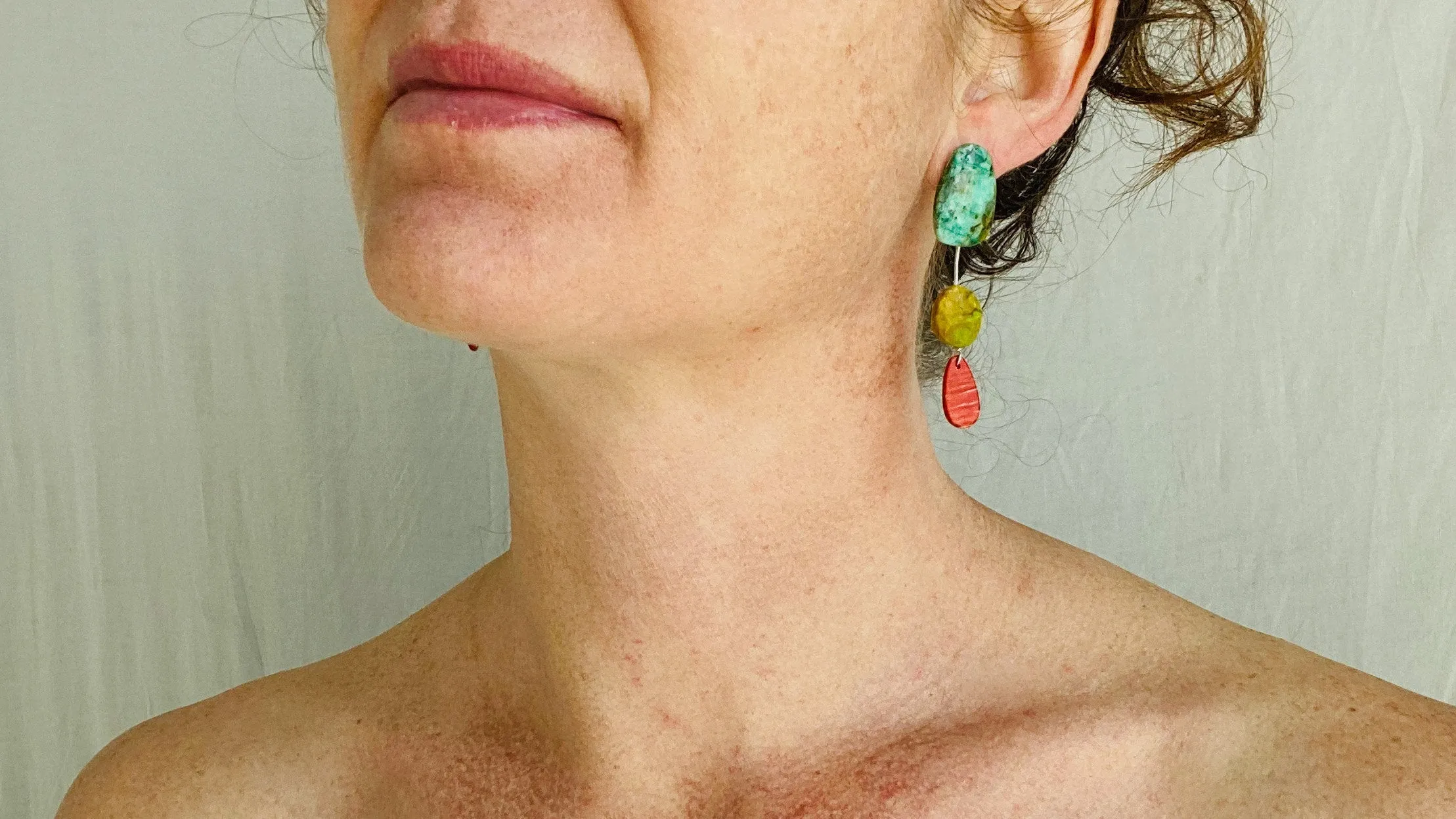 Chrysocolla, Spiny Oyster & Gaspeite Earrings. Sterling Silver