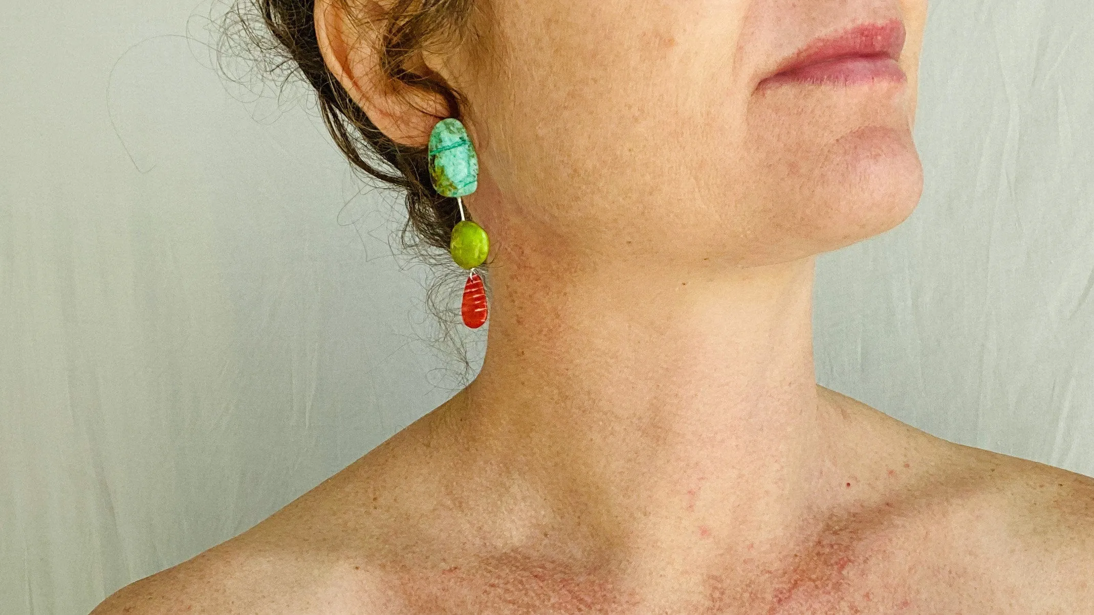 Chrysocolla, Spiny Oyster & Gaspeite Earrings. Sterling Silver