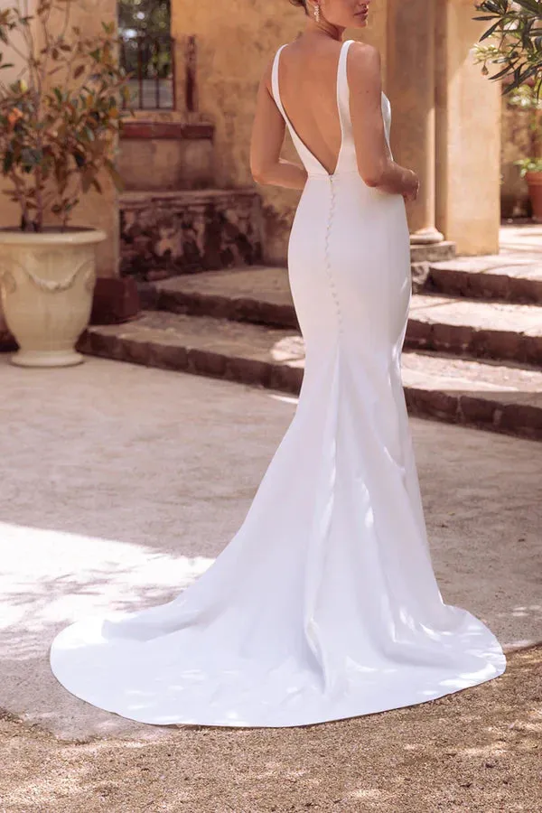 Luolandi Sexy V-neck satin fishtail minimalist wedding dress Open Back