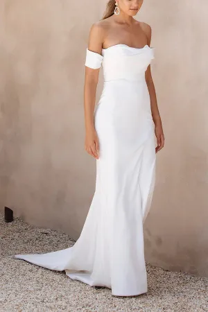 Luolandi Tight strapless satin pleated minimalist Bohemian wedding dress Off Shoulder White