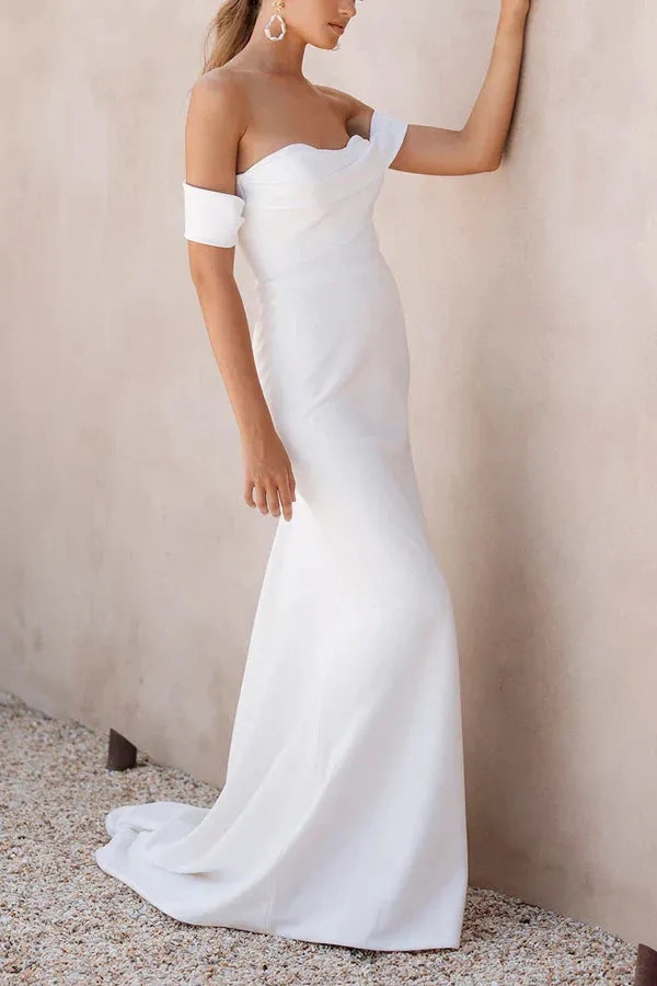 Luolandi Tight strapless satin pleated minimalist Bohemian wedding dress Off Shoulder White