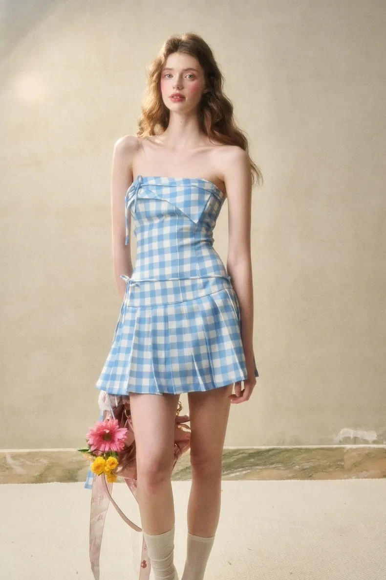 Sweet Gingham Strapless Bow-Tie Mini Dress