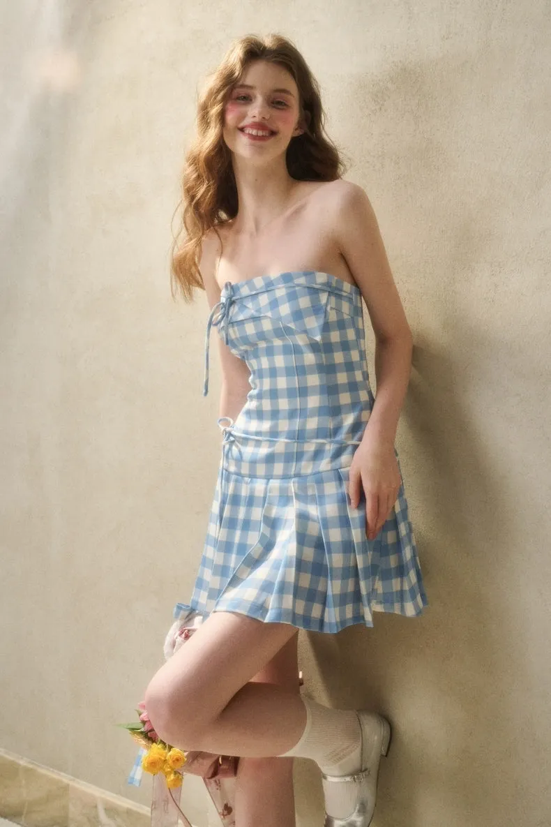 Sweet Gingham Strapless Bow-Tie Mini Dress