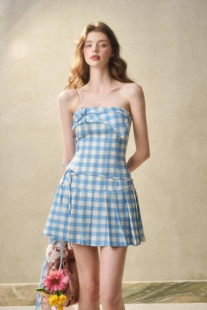 Sweet Gingham Strapless Bow-Tie Mini Dress