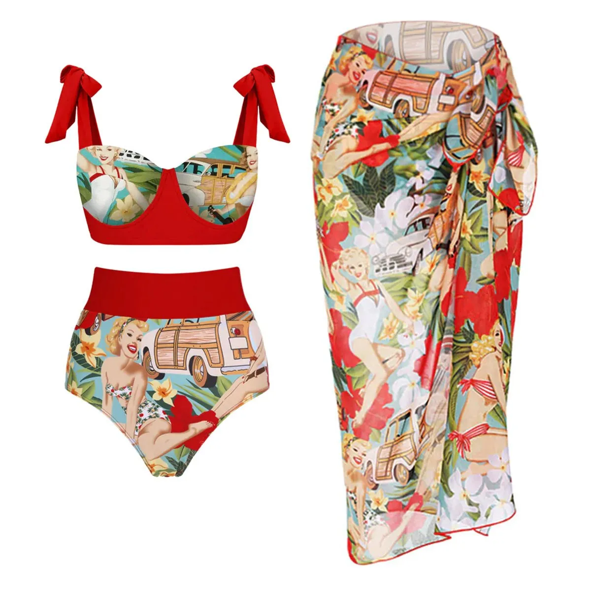 Women's Retro High-Waist Bikini  Lace-Up Printed Two-Piece Swimwear