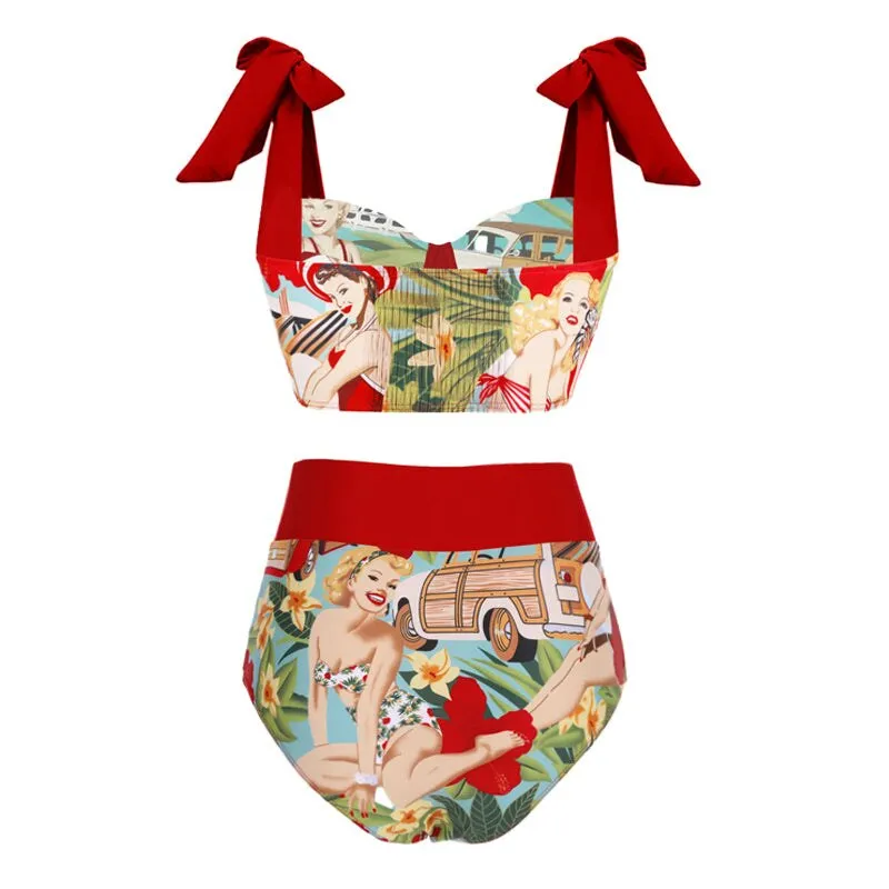 Women's Retro High-Waist Bikini  Lace-Up Printed Two-Piece Swimwear