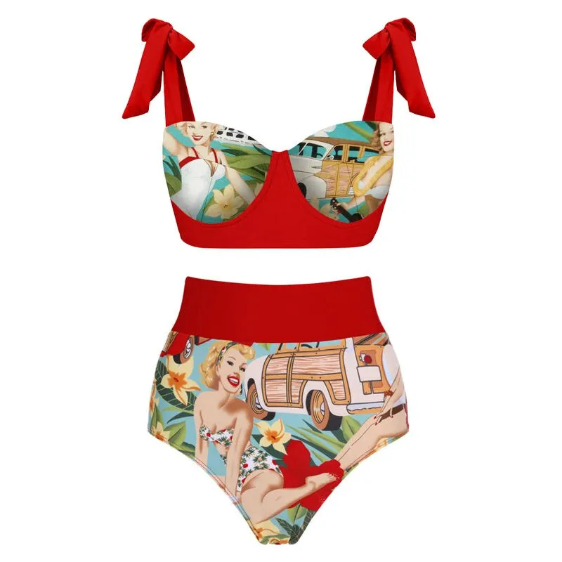 Women's Retro High-Waist Bikini  Lace-Up Printed Two-Piece Swimwear