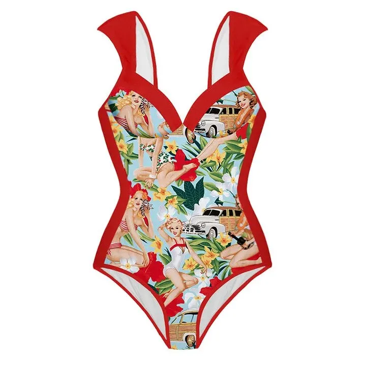 Women's Retro High-Waist Bikini  Lace-Up Printed Two-Piece Swimwear