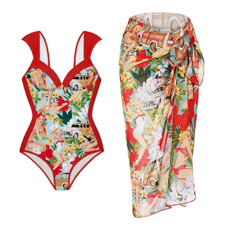 Women's Retro High-Waist Bikini  Lace-Up Printed Two-Piece Swimwear