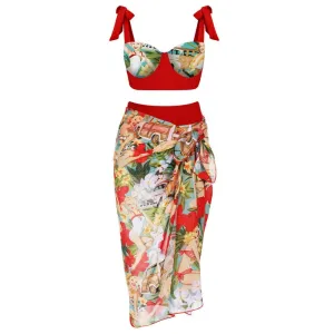 Women's Retro High-Waist Bikini  Lace-Up Printed Two-Piece Swimwear
