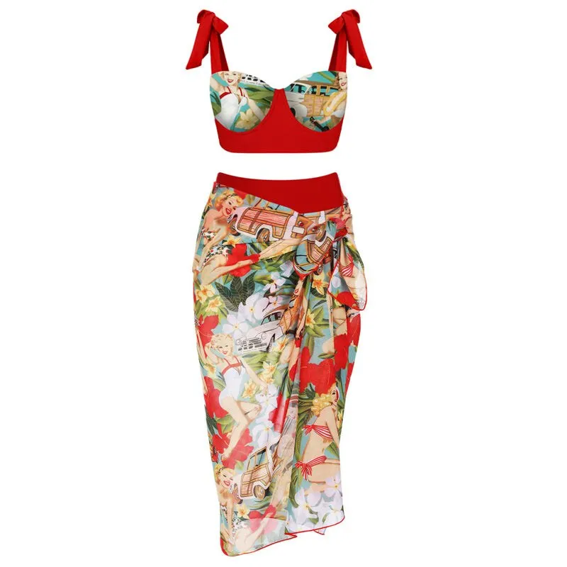 Women's Retro High-Waist Bikini  Lace-Up Printed Two-Piece Swimwear