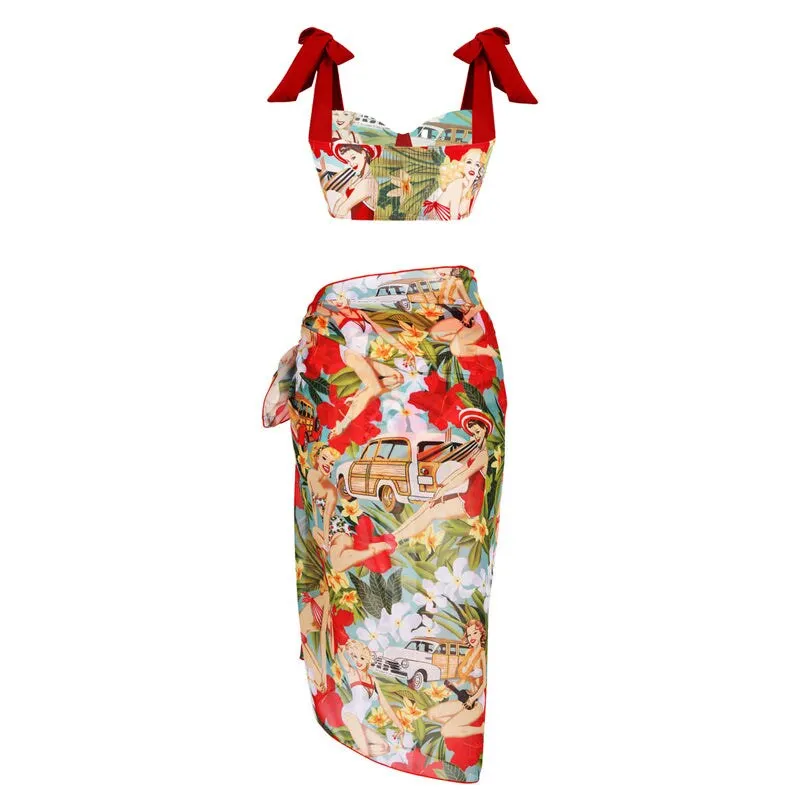 Women's Retro High-Waist Bikini  Lace-Up Printed Two-Piece Swimwear